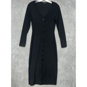 Boohoo Dress Women's Sz 8 Black Ribbed Long Sleeve  Large Button Accents Slip On
